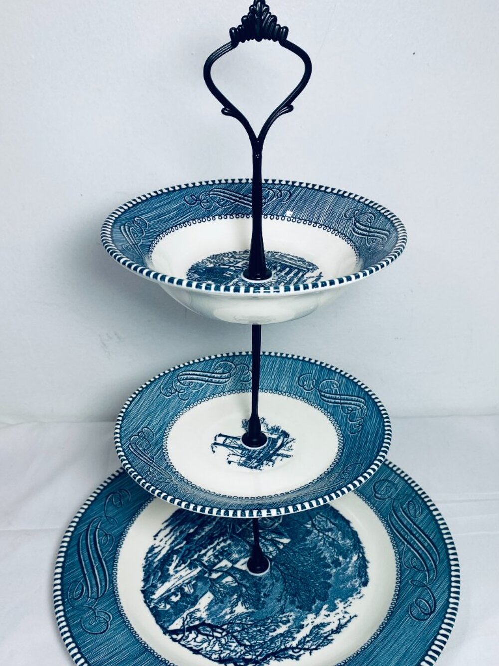 VNTG Currier & Ives 3-Tier Tidbit Tray 10" & 6" Plates 5.75" Bowl Black Handle